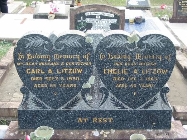 Carl A LITZOW  | 5 Sep 1950 aged 69  | Emelie A LITZOW  | 2 Dec 1965 aged 86  | Tarampa Baptist Cemetery, Esk Shire  | 