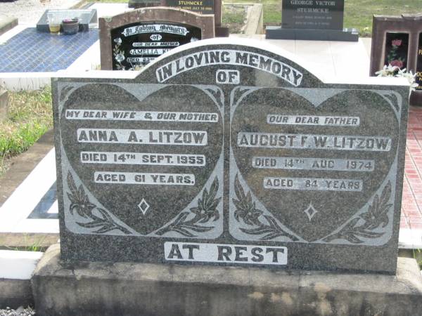 Anna A LITZOW  | 14 Sep 1955 aged 61  | August F W LITZOW  | 14 Aug 1974 aged 84  | Tarampa Baptist Cemetery, Esk Shire  | 