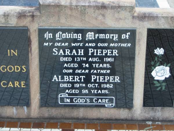 Sarah PIEPER  | 13 Aug 1961 aged 74  | Albert PIEPER  | 19 Oct 1982 aged 95  | Tarampa Baptist Cemetery, Esk Shire  | 