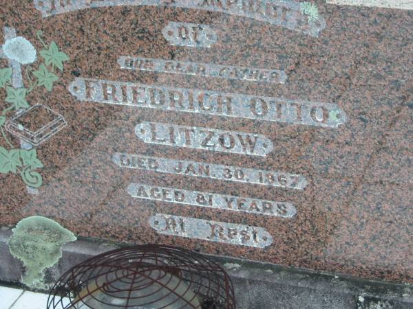 Friedrich Otto LITZOW  | 30 Jan 1967 aged 81  | Tarampa Baptist Cemetery, Esk Shire  | 