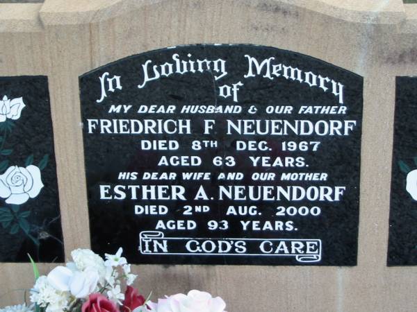 Friedrich F NEUENDORF  | 8 Dec 1967 aged 63  | Esther A NEUENDORF  | 2 Aug 2000 aged 93  | Tarampa Baptist Cemetery, Esk Shire  | 