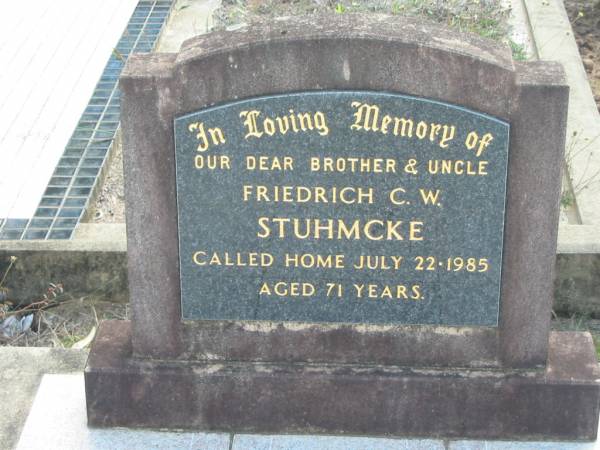 Friedrich C W STUHMCKE  | 22 Jul 1985 aged 71  | Tarampa Baptist Cemetery, Esk Shire  | 