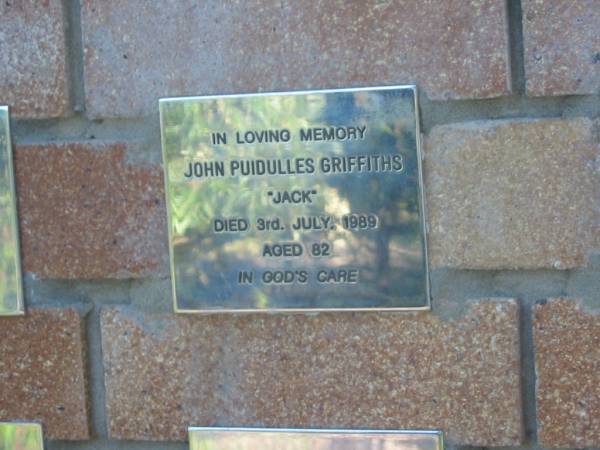 John Puidulles (Jack) GRIFFITHS,  | died 3 July 1989 aged 82 years;  | Tea Gardens cemetery, Great Lakes, New South Wales  | 