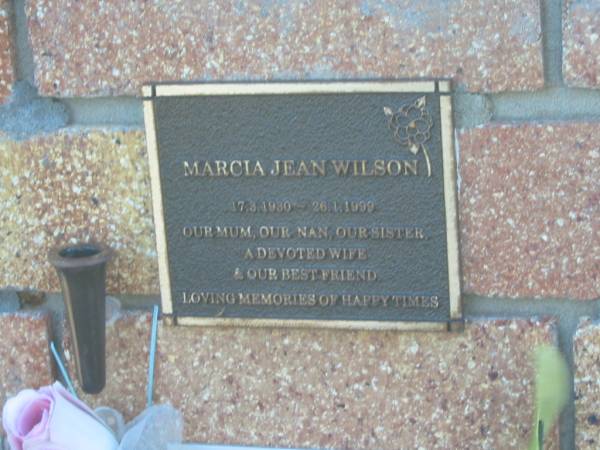 Marcia Jean WILSON,  | 17-3-1930 - 26-1-1999,  | mum nan sister wife;  | Tea Gardens cemetery, Great Lakes, New South Wales  | 