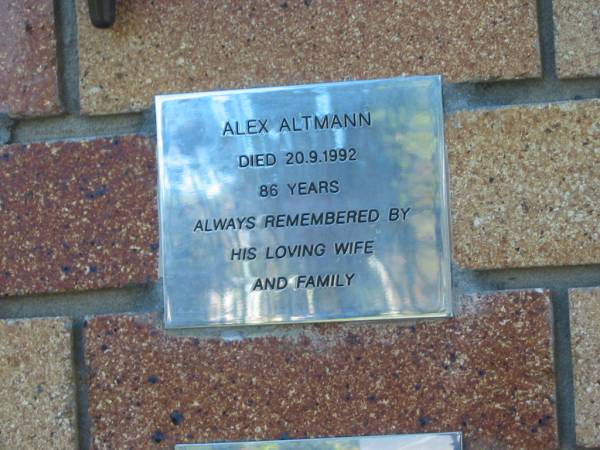Alex ALTMANN,  | died 20-9-1992 aged 86 years,  | remembered by wife & family;  | Tea Gardens cemetery, Great Lakes, New South Wales  | 