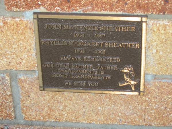 John MacKenzie SHEATHER,  | father,  | 1912 - 1997;  | Phyllis Margaret SHEATHER,  | mother,  | 1908 - 2002;  | grandparents great-grandparents;  | Tea Gardens cemetery, Great Lakes, New South Wales  | 