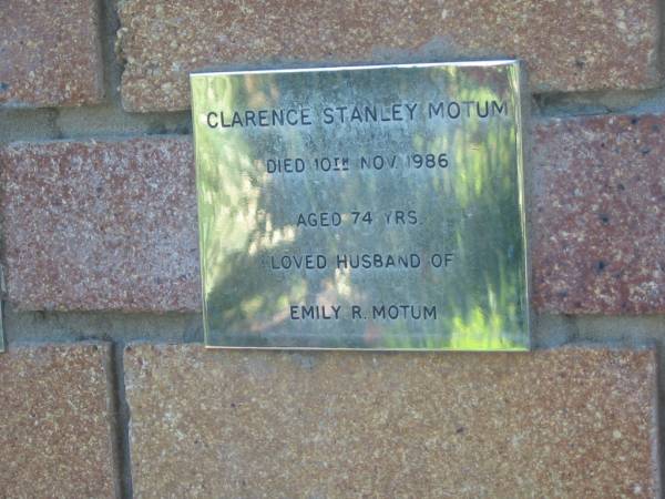 Clarence Stanley MOTUM,  | died 10 Nov 1986 aged 74 years,  | husband of Emily R. MOTUM;  | Tea Gardens cemetery, Great Lakes, New South Wales  | 