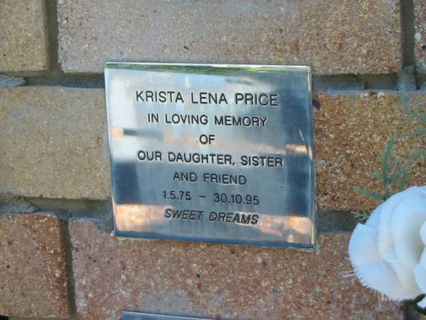 Krista Lena PRICE,  | daughter sister,  | 1-5-75 - 30-10-95;  | Tea Gardens cemetery, Great Lakes, New South Wales  | 