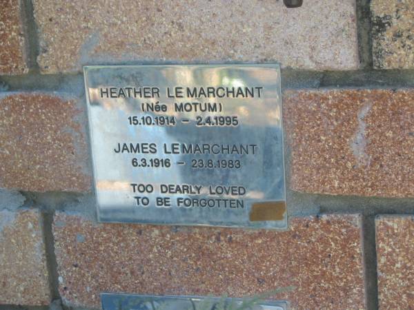 Heather LE MARCHANT (nee MOTUM),  | 15-10-1914 - 2-4-1995;  | James LE MARCHANT,  | 6-3-1916 23-8-1983;  | Tea Gardens cemetery, Great Lakes, New South Wales  | 