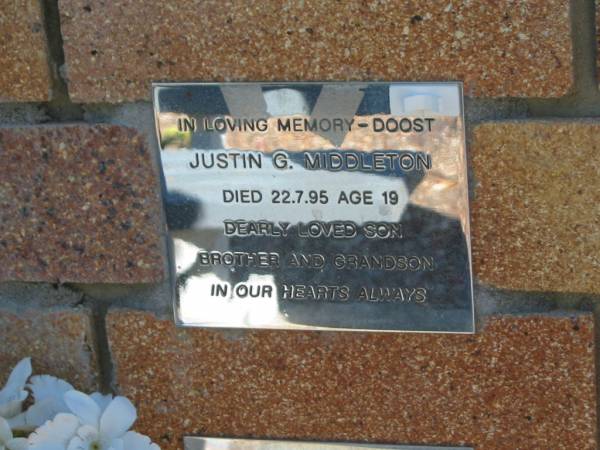 Justin G. MIDDLETON,  | died 22-7-95 aged 19 years,  | son brother grandson;  | Tea Gardens cemetery, Great Lakes, New South Wales  | 