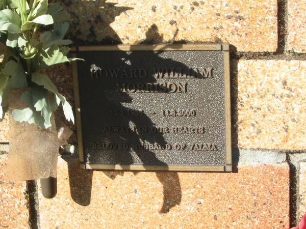 Howard William MORRISON,  | 12-2-1935 - 14-8-2000,  | husband of Valma;  | Tea Gardens cemetery, Great Lakes, New South Wales  | 
