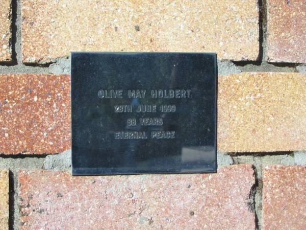Olive May HOLBERT,  | died 28 June 1999 aged 88 years;  | Tea Gardens cemetery, Great Lakes, New South Wales  | 