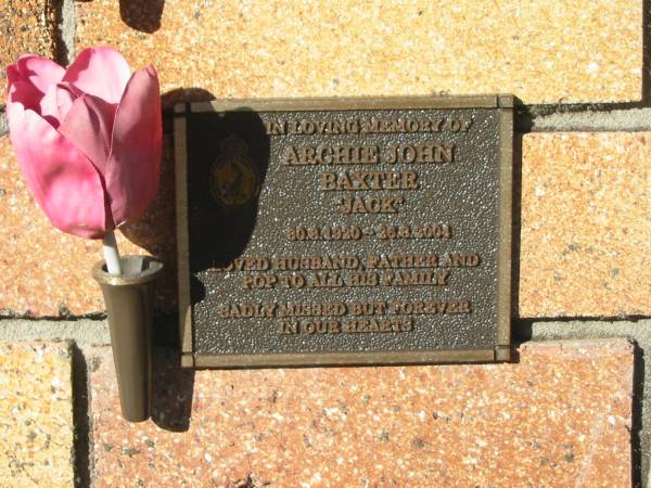 Archie John (Jack) BAXTER,  | 30-8-1920 - 26-8-2004,  | husband father pop;  | Tea Gardens cemetery, Great Lakes, New South Wales  | 