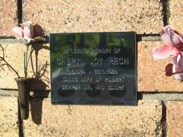 Cheryl Joy RECH,  | 3-5-1954 - 26-11-2005,  | wife of Robert;  | Tea Gardens cemetery, Great Lakes, New South Wales  | 