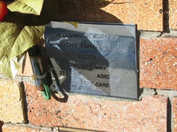 Dorothy Emma (Dot) BEAVAN,  | died 22-2-1996 aged 92 years;  | Tea Gardens cemetery, Great Lakes, New South Wales  | 