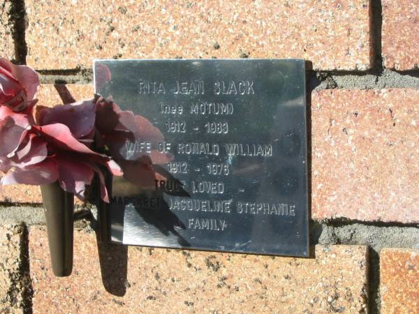 Rita Jean SLACK (nee MOTUM),  | 1912 - 1983,  | wife of Ronald William 1912 - 1976,  | loved by Margaret, Jacqueline, Stephanie & family;  | Tea Gardens cemetery, Great Lakes, New South Wales  | 
