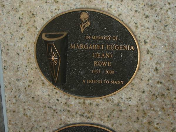 Margaret Eugenia (Jean) ROWE,  | 1933 - 2008;  | Tea Gardens cemetery, Great Lakes, New South Wales  | 