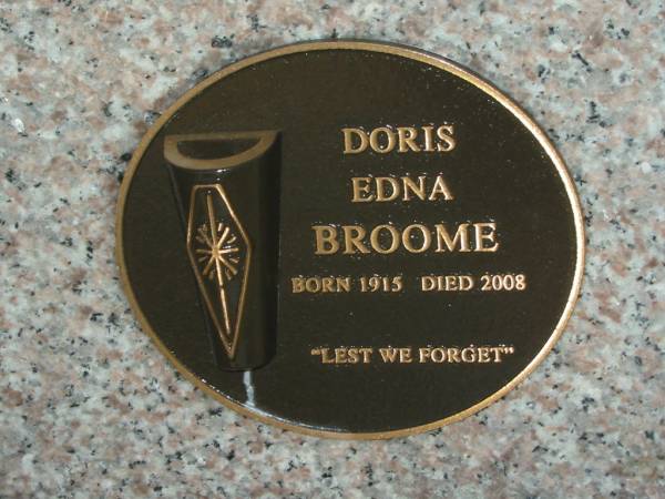 Doris Edna BROOME,  | born 1915,  | died 2008;  | Tea Gardens cemetery, Great Lakes, New South Wales  | 