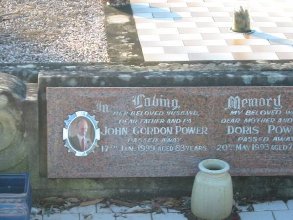 John Gordon POWER,  | husband father pa,  | died 17 Jan 1999 aged 83 years;  | Doris POWER,  | wife mother nanny,  | died 20 May 1993 aged 79 years;  | Tea Gardens cemetery, Great Lakes, New South Wales  | 