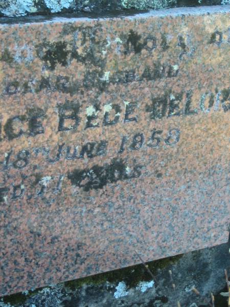 Clarence Bede DELORE,  | died 18 June 1958 aged 71 years,  | husband;  | Tea Gardens cemetery, Great Lakes, New South Wales  | 