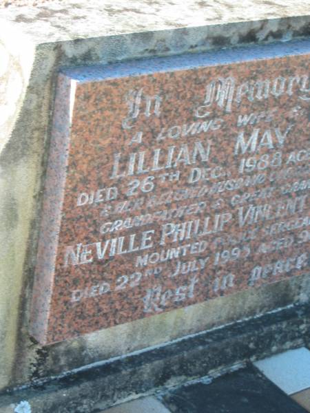 Lillian May WARD,  | wife mother,  | died 26 Dec 1988 aged 83 years;  | Neville Phillip Vincent WARD,  | husband father grandfather great-grandfather,  | siws 11 July 1995 aged 96 years;  | Tea Gardens cemetery, Great Lakes, New South Wales  | 