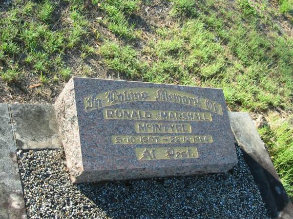 Ronald Marshall MCINTYRE,  | 5-10-1907 - 22-12-1994;  | Tea Gardens cemetery, Great Lakes, New South Wales  | 