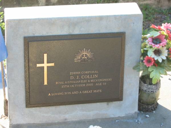 D.J. COLLIN,  | died 15 Oct 2005 aged 59 years,  | son;  | Tea Gardens cemetery, Great Lakes, New South Wales  | 