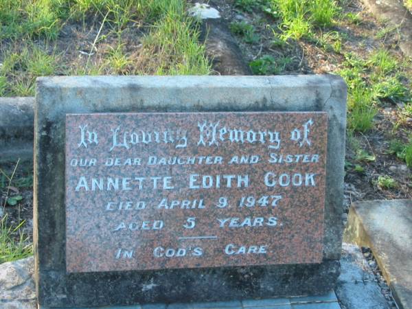 Annette Edith COOK,  | daughter sister,  | died 9 April 1947 aged 5 years;  | Tea Gardens cemetery, Great Lakes, New South Wales  | 