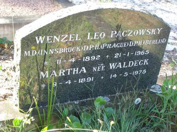 Wenzel Leo PACZOWSKY,  | 11-4-1892 - 21-1-1965;  | Martha nee WALDECK,  | 9-4-1891 - 14-5-1975;  | Tea Gardens cemetery, Great Lakes, New South Wales  | 