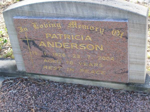 Patricia ANDERSON,  | 15-1-1926 - 23-7-2004 aged 78 years;  | Tea Gardens cemetery, Great Lakes, New South Wales  | 
