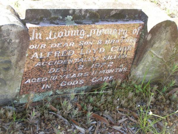 Alfred Loyd COOK,  | son brother,  | accidentally killed 2 Dec 1972 aged 10 years 11 months;  | Tea Gardens cemetery, Great Lakes, New South Wales  | 