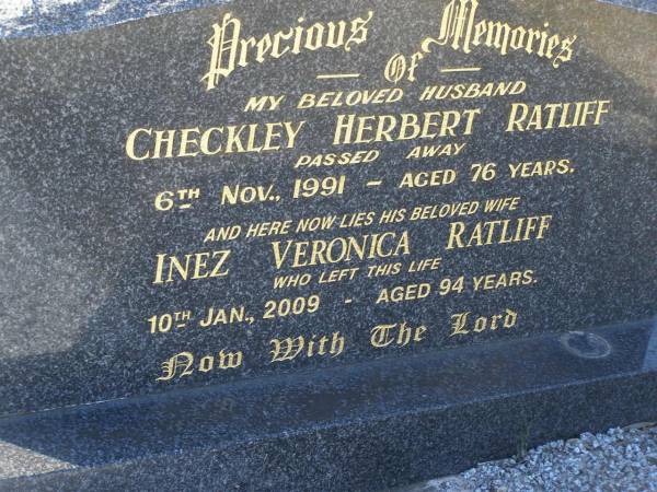 Checkley Herbert RATLIFF,  | husband,  | died 6 Nov 1991 aged 76 years;  | Inez Veronica RATLIFF,  | died 10 Jan 2009 aged 94 years;  | Lynne DOWSE,  | died 8 April 1988 aged 39 years;  | Dale RATLIFF,  | died 7 Feb 1990 aged 41 years;  | Tea Gardens cemetery, Great Lakes, New South Wales  | 