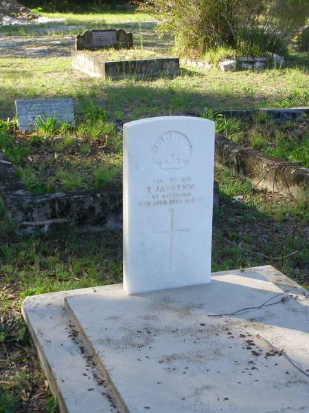 T. JAMES,  | died 18 April 1950 aged 62 years;  | Tea Gardens cemetery, Great Lakes, New South Wales  | 