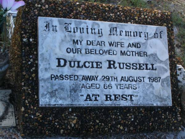 Dulcie RUSSELL,  | wife mother,  | died 29 Aug 1987 aged 66 years;  | Tea Gardens cemetery, Great Lakes, New South Wales  | 