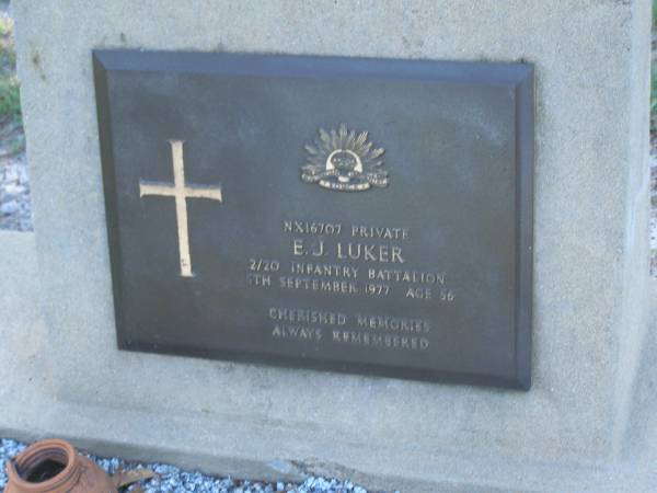 E.J. LUKER,  | died 5 Sept 1977 aged 56 years;  | Tea Gardens cemetery, Great Lakes, New South Wales  | 