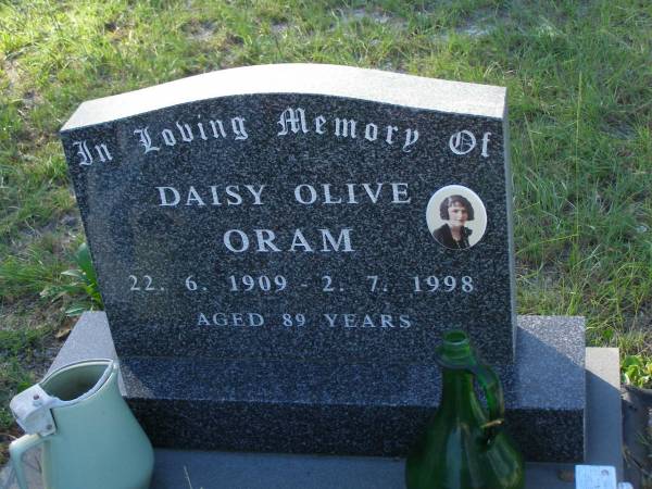 Daisy Olive ORAM,  | 22-6-1909 - 2-7-1998 aged 89 years;  | Tea Gardens cemetery, Great Lakes, New South Wales  | 