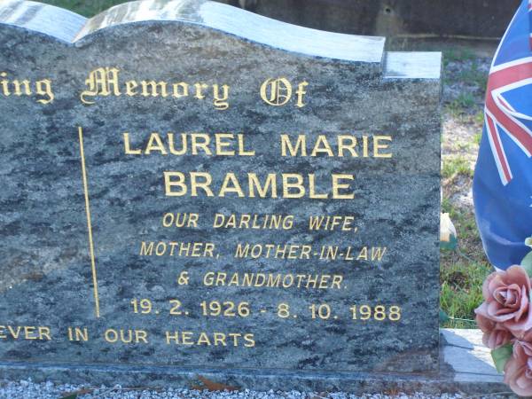 Laurel Marie BRAMBLE,  | wife mother mother-in-law grandmother,  | 19-2-1926 - 8-10-1988;  | Tea Gardens cemetery, Great Lakes, New South Wales  | 