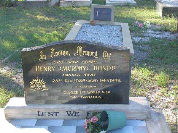 Henry (Murphy) HONOR,  | father,  | died 23 Dec 1986 aged 94 years;  | Laurel Marie BRAMBLE,  | wife mother mother-in-law grandmother,  | 19-2-1926 - 8-10-1988;  | Tea Gardens cemetery, Great Lakes, New South Wales  | Tea Gardens cemetery, Great Lakes, New South Wales  | 