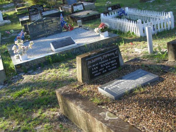 Ian HANSFORD,  | husband father,  | died 24 July 1975 aged 59 years;  | Ellen Catherine HANSFORD,  | wife of Ian,  | mother of Linda,  | 1914 - 1992;  | Tea Gardens cemetery, Great Lakes, New South Wales  | 