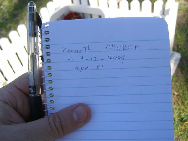Kenneth CHURCH,  | died 9-12-2009 aged 81 years;  | Tea Gardens cemetery, Great Lakes, New South Wales  | 