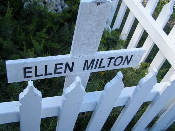 Ellen Edith MILTON (nee BRUCE),  | 24-03-1940 - 17-09-2005,  | wife of Ken,  | sister of Cyril,  | mother of Geoff & Sharon,  | mother-in-law of Rewa & Greg,  | grandmother of James, Michael, Mitchell, Sarah, Laura, Kieren, Jacinta & Tahlia,  | step-grandmother of Matt & ???;  | Tea Gardens cemetery, Great Lakes, New South Wales  | 