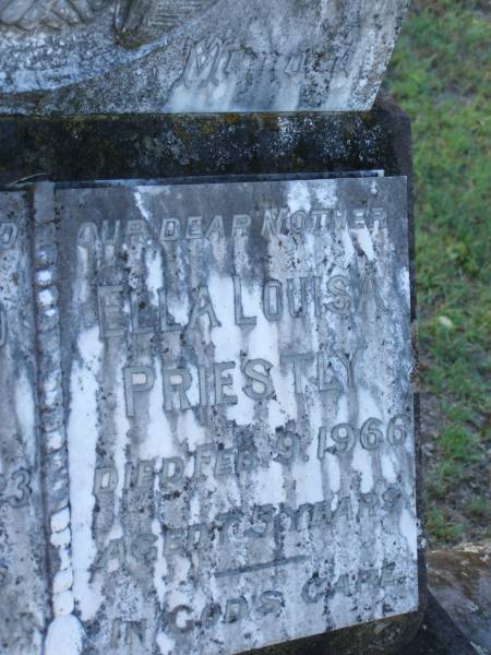 Thomas David PRIESTLY,  | husband,  | died 20 Sept 1923 aged 37 years;  | Ella Louise PRIESTLY,  | mother,  | died 9 Feb 1966 aged 73 years;  | Tea Gardens cemetery, Great Lakes, New South Wales  | 