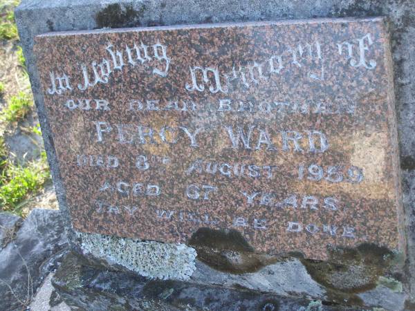 Percy WARD,  | brother,  | died 8 Aug 1959 aged 67 years;  | Tea Gardens cemetery, Great Lakes, New South Wales  | 