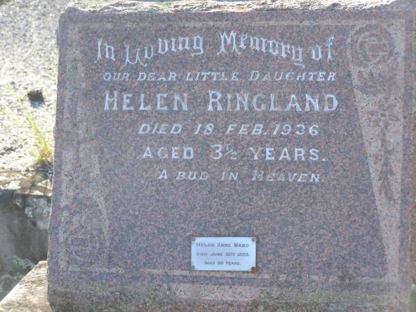 Helen RINGLAND,  | daughter,  | died 18 Feb 1936 aged 3 1/2 years;  | Helen Anne WARD,  | died 16 June 1955 aged 86 years;  | Tea Gardens cemetery, Great Lakes, New South Wales  | 