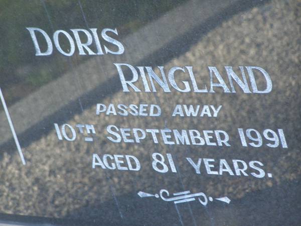 John Albert RINGLAND,  | husband father grandfather,  | died 26 Sept 1985 aged 78 years;  | Doris RINGLAND,  | mother,  | died 10 Sept 1991 aged 81 years;  | Tea Gardens cemetery, Great Lakes, New South Wales  | 