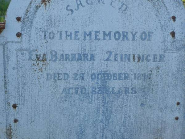 Eva Barbara ZEININGER,  | died 29 Oct 1894 aged 83 years;  | Tea Gardens cemetery, Great Lakes, New South Wales  | 