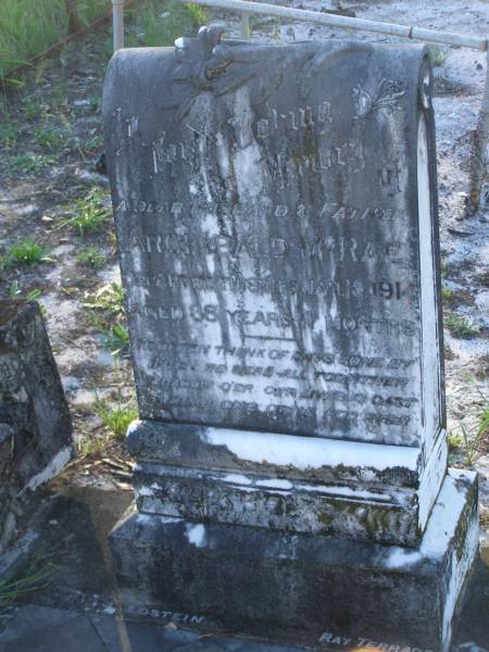Archibald MCRAE,  | husband father,  | died 15 Jan 1914 aged 38 years 11 months;  | Tea Gardens cemetery, Great Lakes, New South Wales  | 
