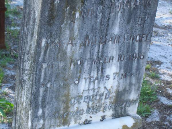 Eliza ENGEL,  | mother,  | died 14 June 1939 aged 80 years;  | Gustav William ENGEL,  | died 10 Nov 1916 aged 68 years 7 months;  | Tea Gardens cemetery, Great Lakes, New South Wales  | 