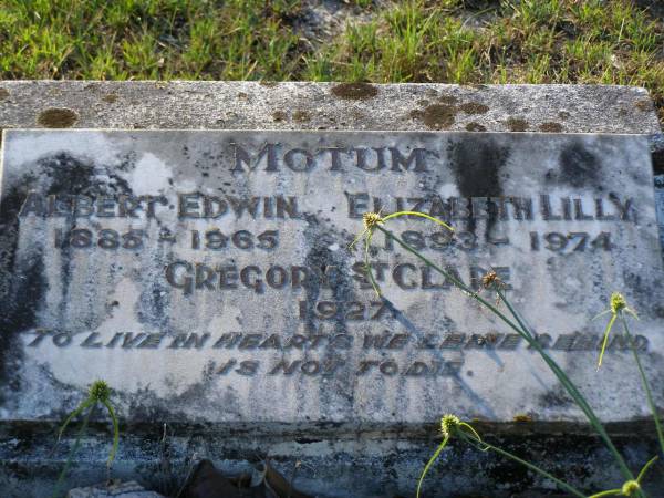 Albert Edwin MOTUM,  | 1885 - 1965;  | Elizabeth Lilly MOTUM,  | 1893 - 1974;  | Gregory St Clare MOTUM,  | died 1927;  | Tea Gardens cemetery, Great Lakes, New South Wales  | 