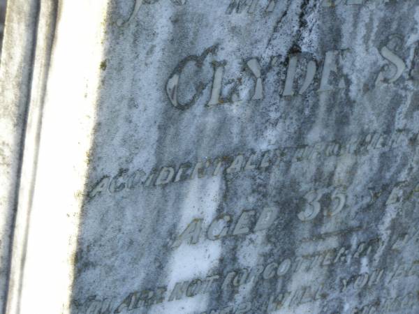 Clyde SMITH,  | son,  | accidentally killed 24 June 1927 aged 35 years;  | Tea Gardens cemetery, Great Lakes, New South Wales  | 